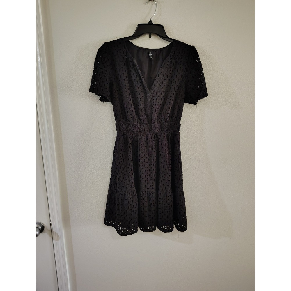 PrettyGarden Womens Black Eyelet Lace V-Neck Smocked Waist‎ Tiered Mini Dress M